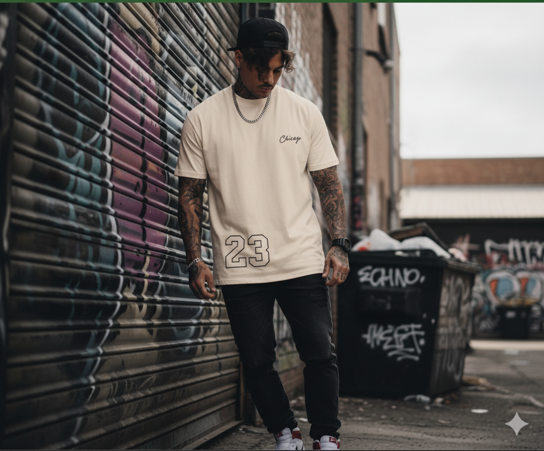 Camiseta Oversize Beige – Estampado Chicago Urbano