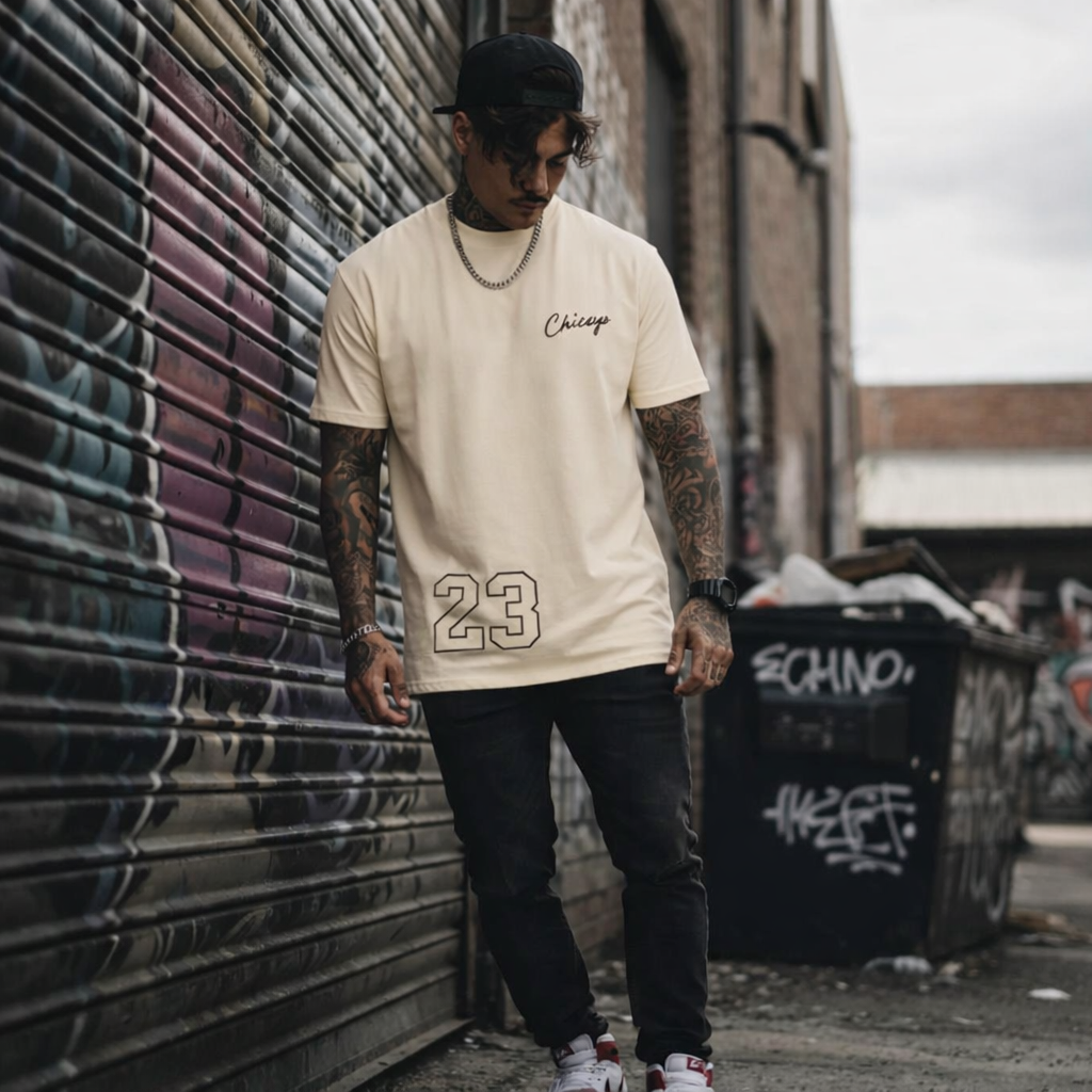 Camiseta Oversize Beige – Estampado Chicago Urbano